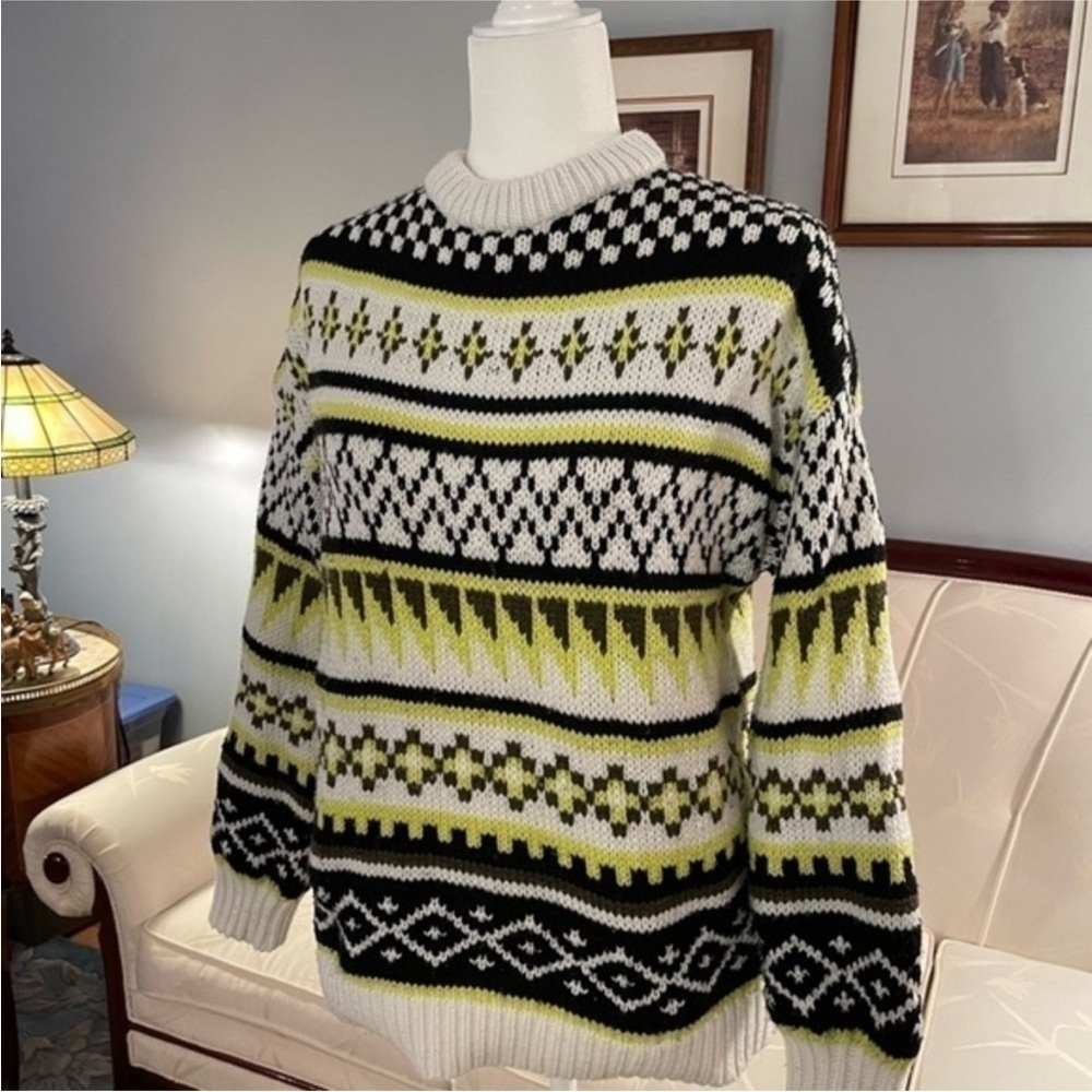 Twik White Black & Yellow Oversized Crewneck Grandpa Knit Sweater Size XS - Picture 3 of 10